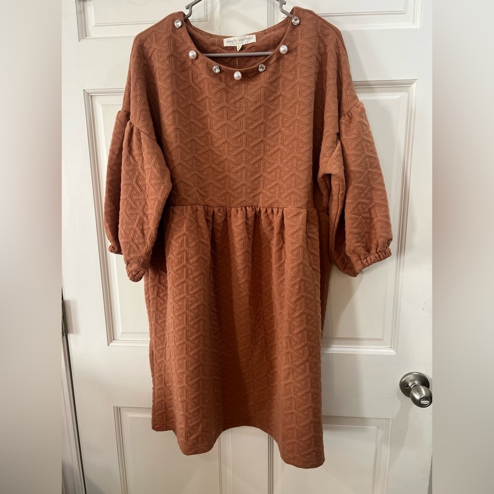 Simply Southern Rust Textured Midi Dress with Pearl Neckline - Picture 1 of 5